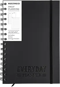 Undated Daily Planner Notebook With Hourly Schedule - Hardcover Appointment Day to do List Notebook for Women & Men - A5(5.7" x 8.3") Spiral Black